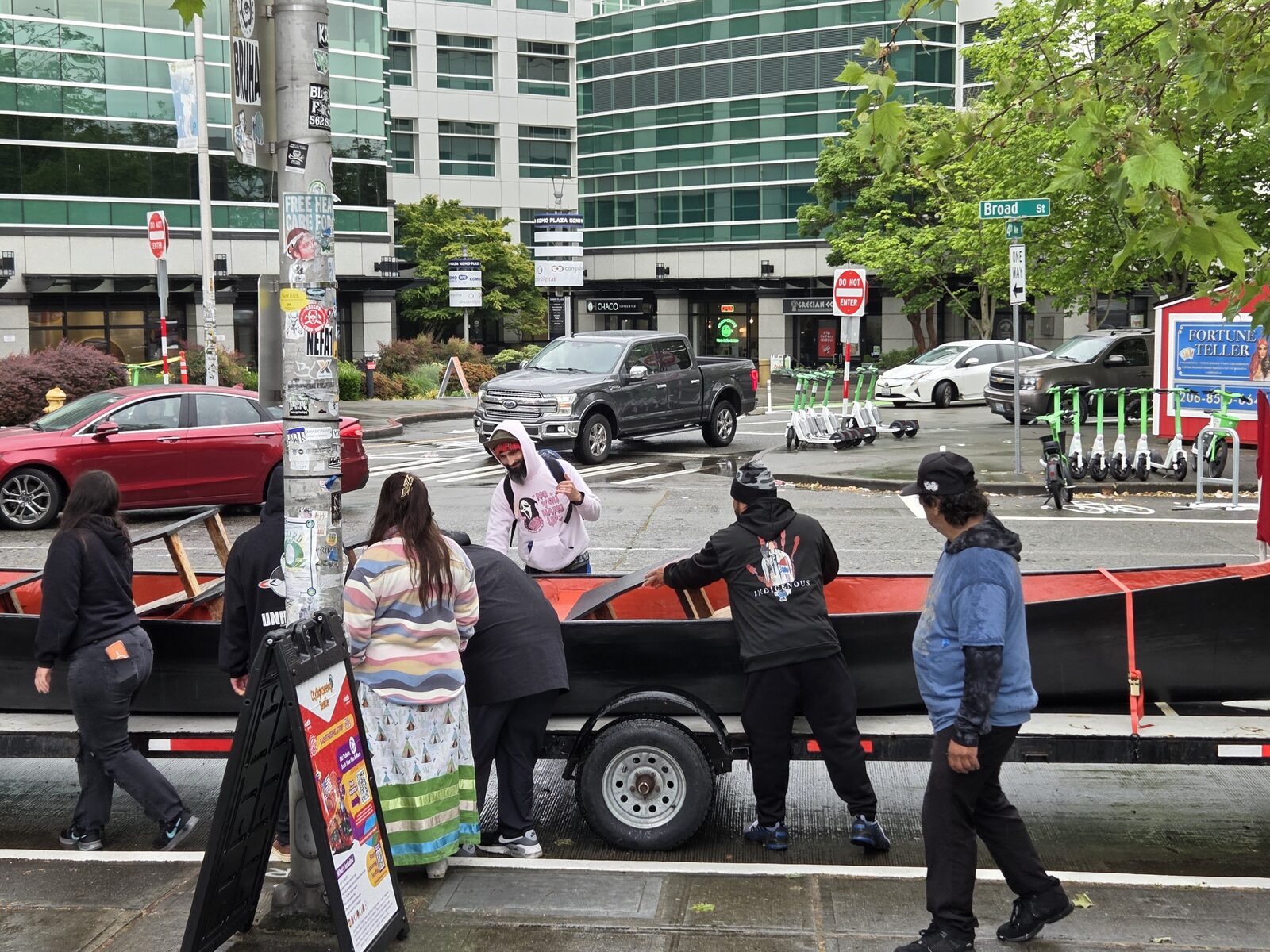 Duwamish canoe arriving on a trailer in downtown Seattle, NW Folklife 2026
